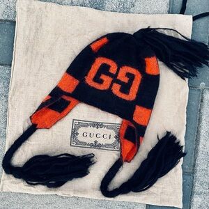 GUCCI Black & Orange GG Mohair Blend Tassel Beanie